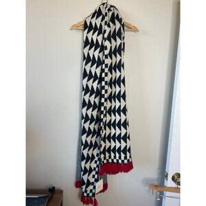 NWT Carolina K Wool Flat Weave Style Red Tassels Triangle Scarf Black